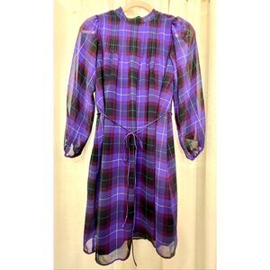 NWT Ann Taylor Women's Plaid Pintucked Belted Long Sleeve Dress Purple Sz Small